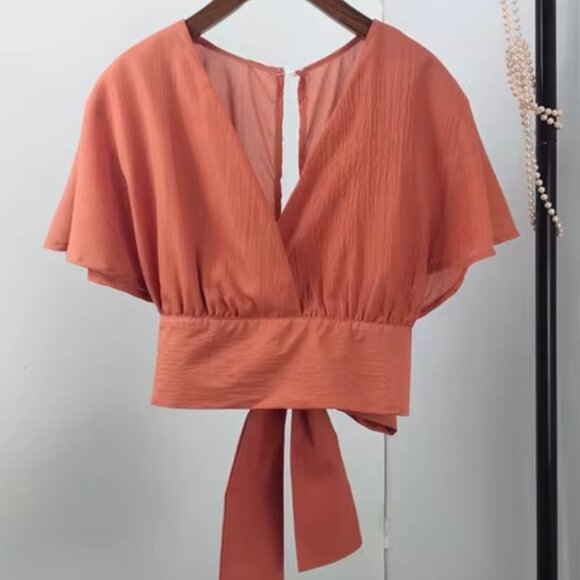 Chiffon Blouse Wrap Front V Neck Bow Tied Back Coral Color - Picture 1 of 4